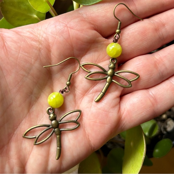 Dragonfly Handmade Earrings with Yellow-Green Bead - 1.5” drop - New - Picture 2 of 2